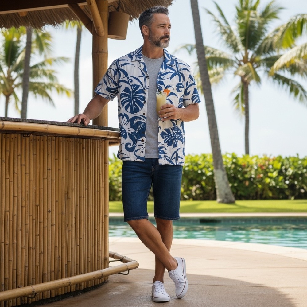 Kalaheo Mens Hawaiian Shirt Blue White Monstera Leaf Print Made in Hawaii USA M